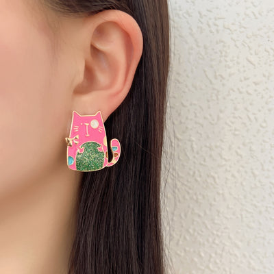 1 Pair Cute Cat Enamel Zinc Alloy Rhinestone Stud Earrings