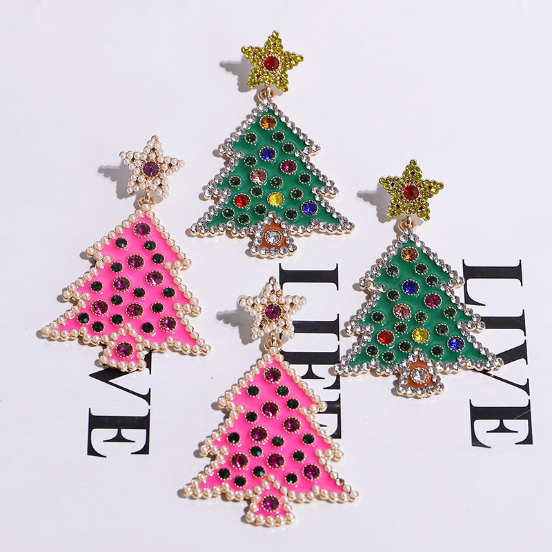 1 Pair Gold Plated Christmas Tree Rhinestone Stud Earrings