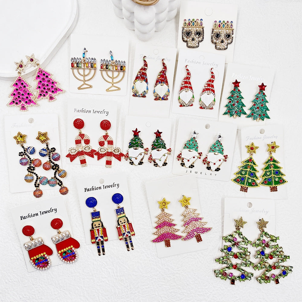 1 Pair Simple Style Classic Style Cartoon Character Christmas Tree Inlay Alloy Rhinestones Drop Earrings