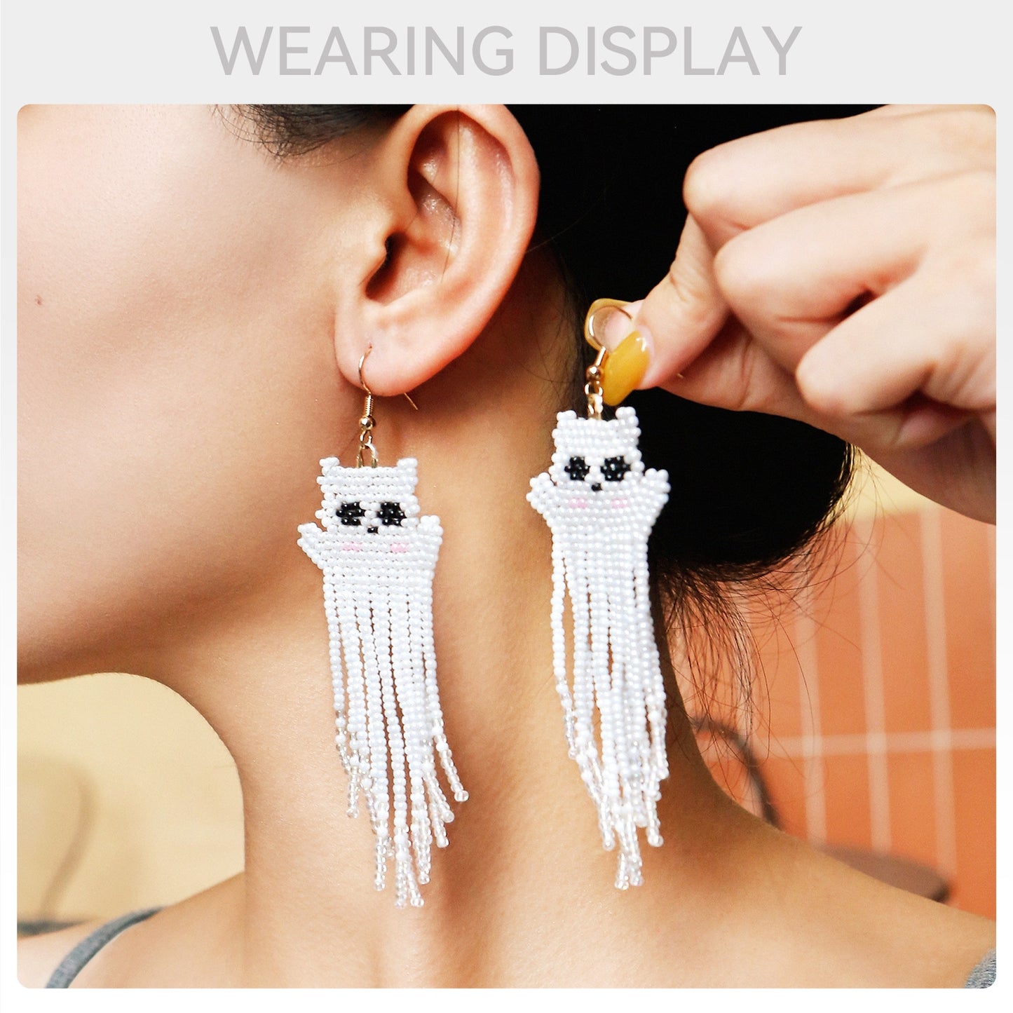 1 Pair Classic Color Block Patchwork Glass Drop Earrings with Beaded Tassel Ghost Design