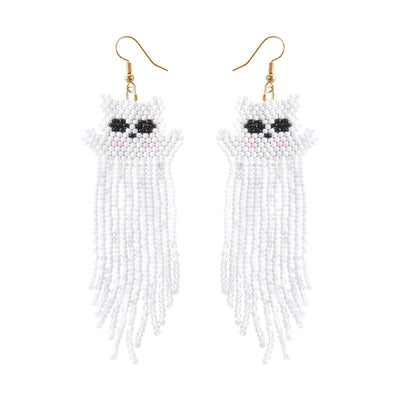 1 Pair Classic Color Block Patchwork Glass Drop Earrings with Beaded Tassel Ghost Design