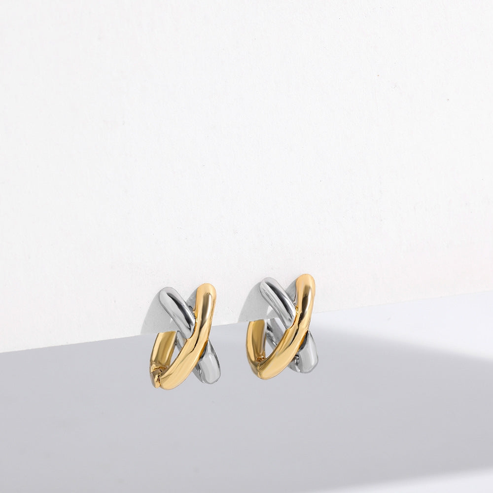 1 Pair Minimalist Color Block Gold Plated Cross Hoop Earrings