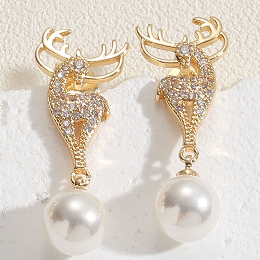 1 Pair Elegant Deer Inlay Pearl Zircon 14k Gold Plated Stud Earrings