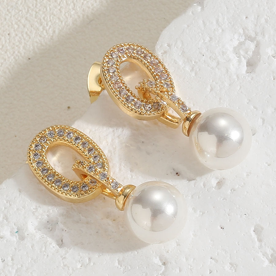 1 Pair Elegant Deer Inlay Pearl Zircon 14k Gold Plated Stud Earrings