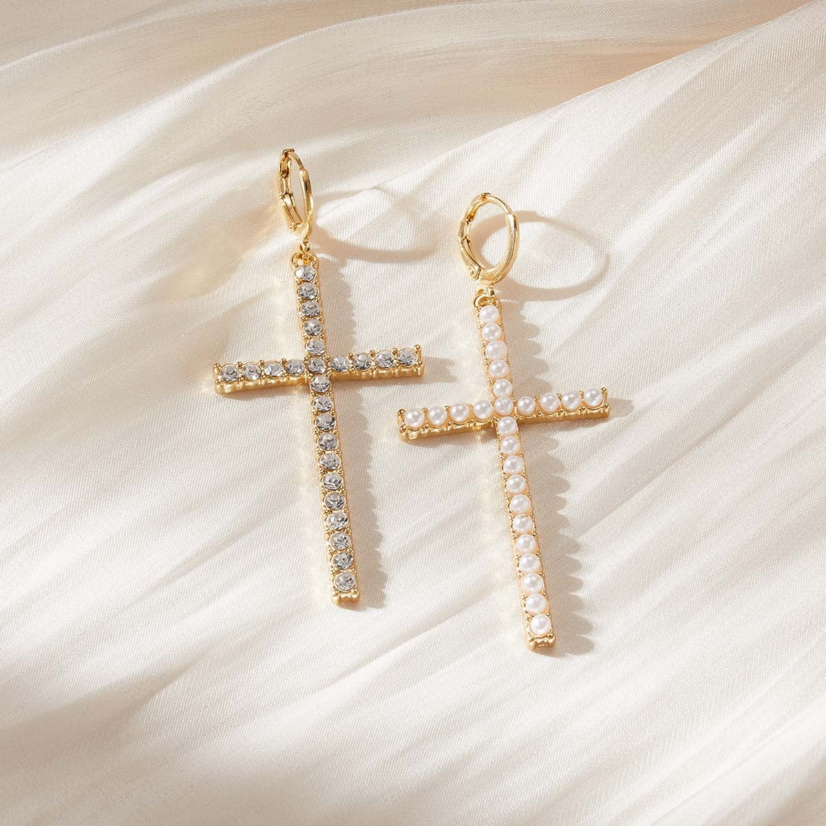 1 Pair Classic Cross Inlay Rhinestone Pearl Drop Earrings