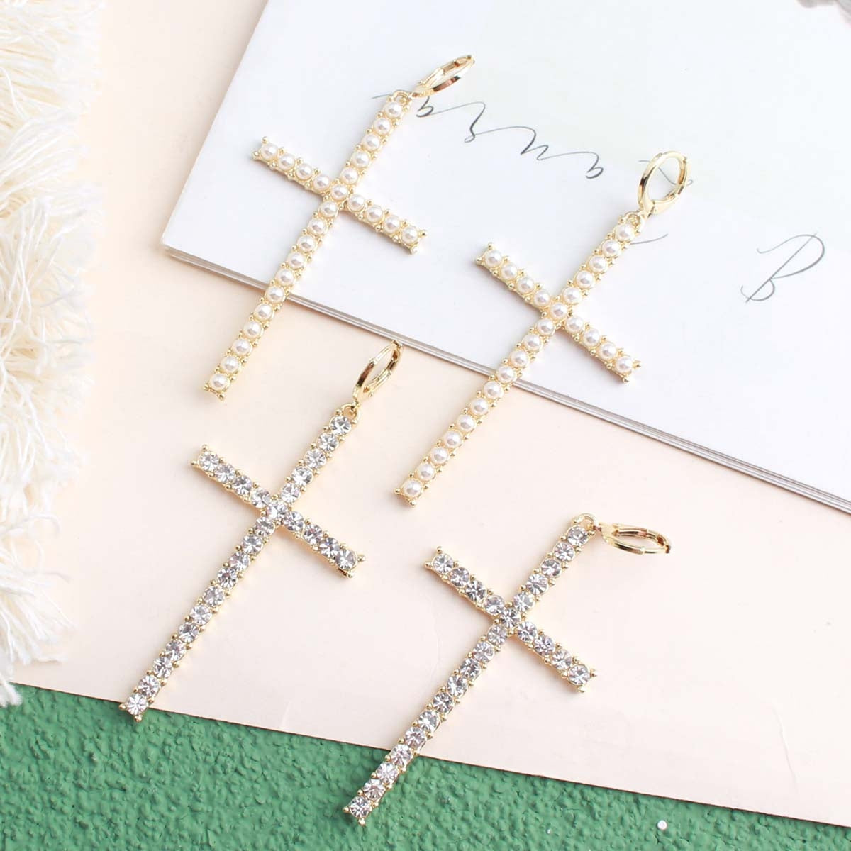 1 Pair Classic Cross Inlay Rhinestone Pearl Drop Earrings