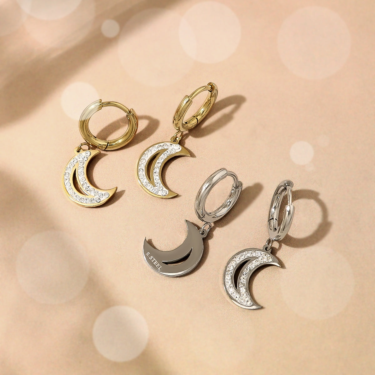 1 Pair Simple Style Classic Style Moon Plating Inlay 304 Stainless Steel Zircon 18K Gold Plated Drop Earrings