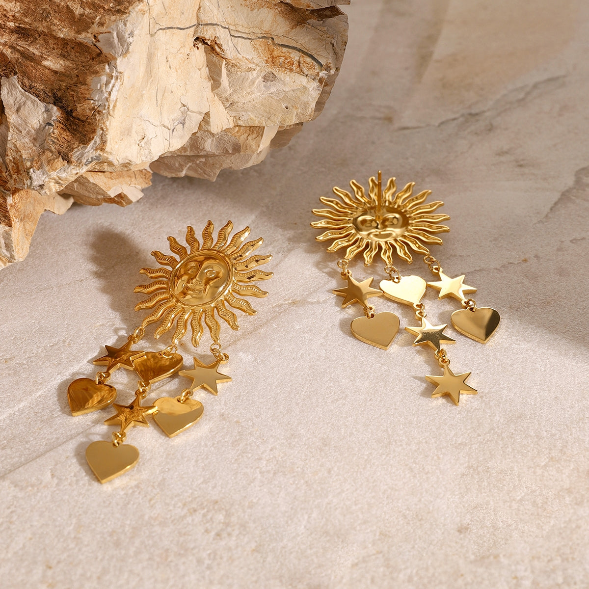 1 Pair Minimalist 18k Gold Stainless Steel Sun Moon Star Drop Earrings