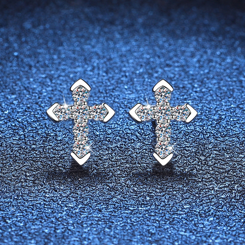 Sterling Silver Moissanite Cross Stud Earrings