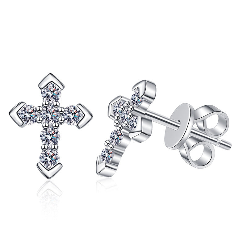 Sterling Silver Moissanite Cross Stud Earrings