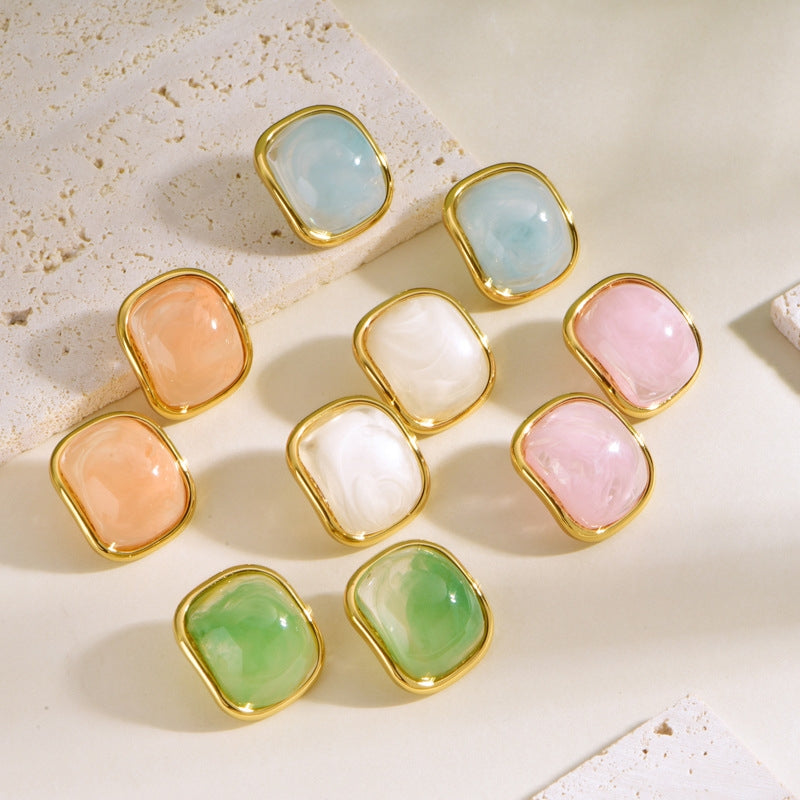 Square Inlay Multi-Color Resin Stud Earrings - Versatile Casual Jewelry for Women