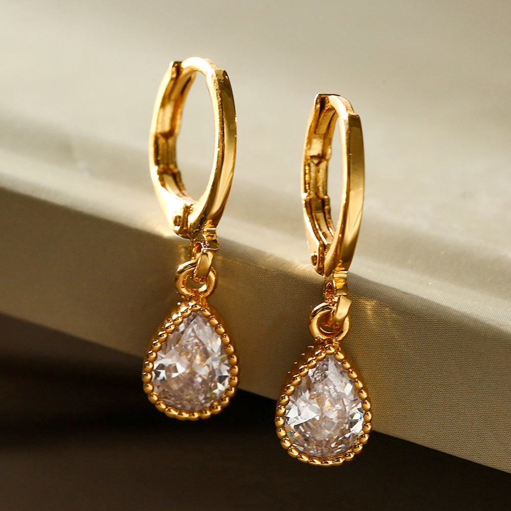 1 Pair Minimalist Geometric Water Drop Zircon 18k Gold Plated Copper Earrings