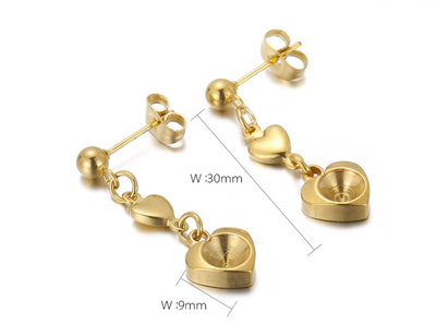 Heart-Shaped Stainless Steel Drop Earrings with 18K Gold Tassel Design