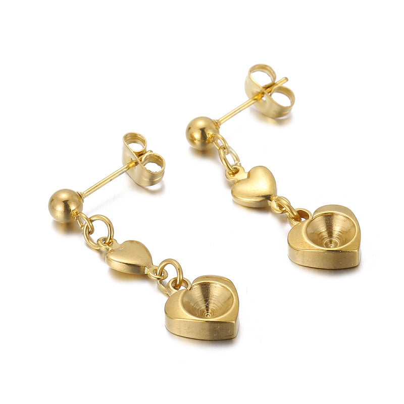 Heart-Shaped Stainless Steel Drop Earrings with 18K Gold Tassel Design