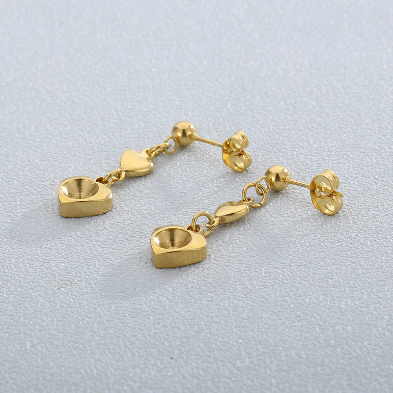 Heart-Shaped Stainless Steel Drop Earrings with 18K Gold Tassel Design