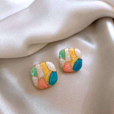 1 Pair Minimalist Korean Color Block Square Glazed Alloy Stud Earrings