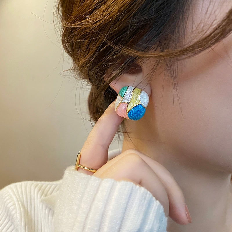 1 Pair Minimalist Korean Color Block Square Glazed Alloy Stud Earrings