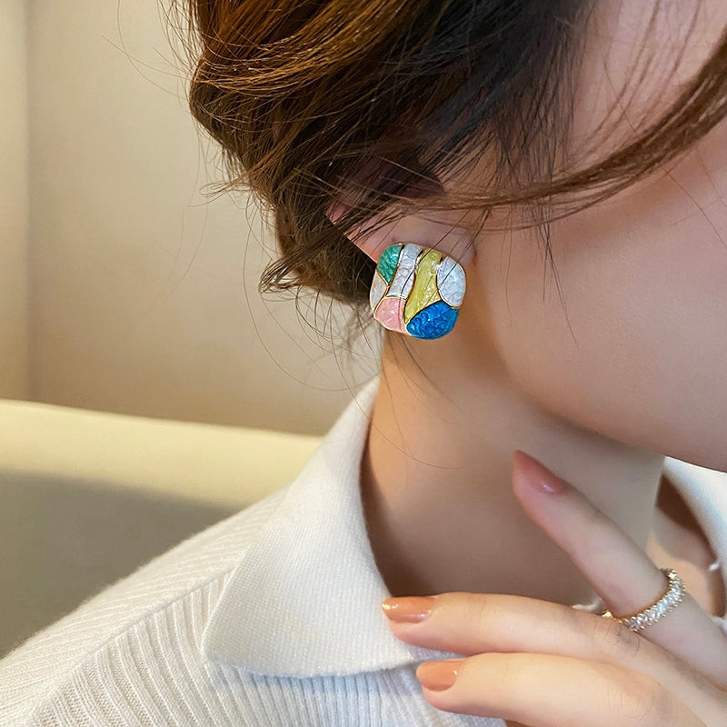 1 Pair Minimalist Korean Color Block Square Glazed Alloy Stud Earrings