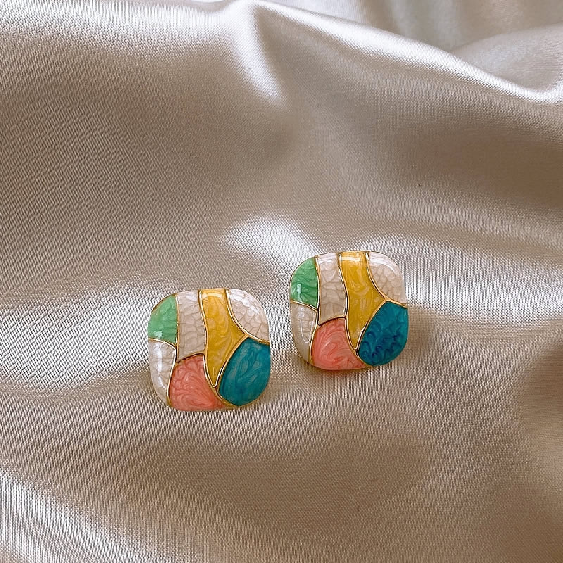1 Pair Minimalist Korean Color Block Square Glazed Alloy Stud Earrings