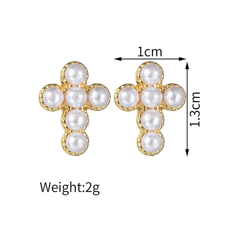 1 Pair Vintage Style Rhinestone Cross Pearl Stainless Steel Earrings