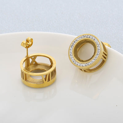 "Stainless Steel Rhinestone Stud Earrings with Gold-Plated Zircon Roman Numeral Design"