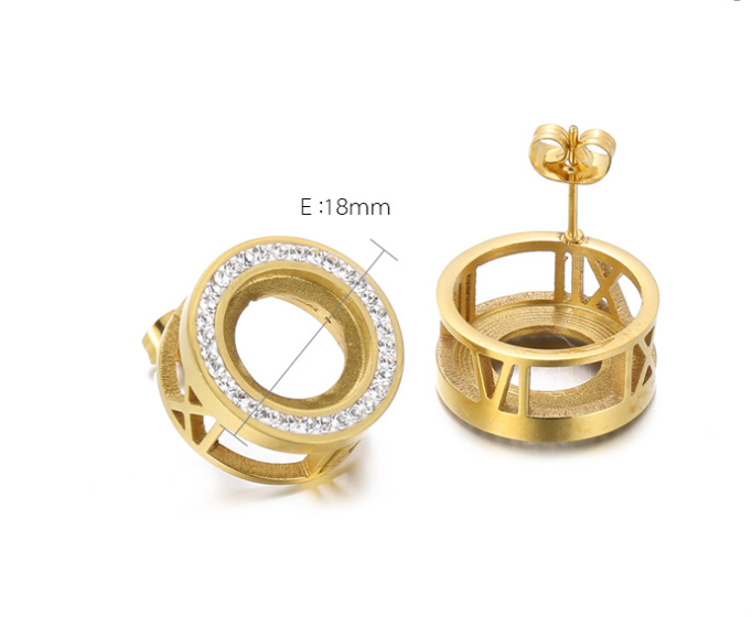 "Stainless Steel Rhinestone Stud Earrings with Gold-Plated Zircon Roman Numeral Design"