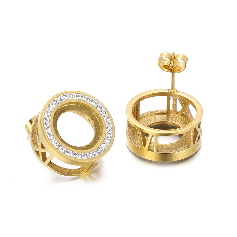 "Stainless Steel Rhinestone Stud Earrings with Gold-Plated Zircon Roman Numeral Design"