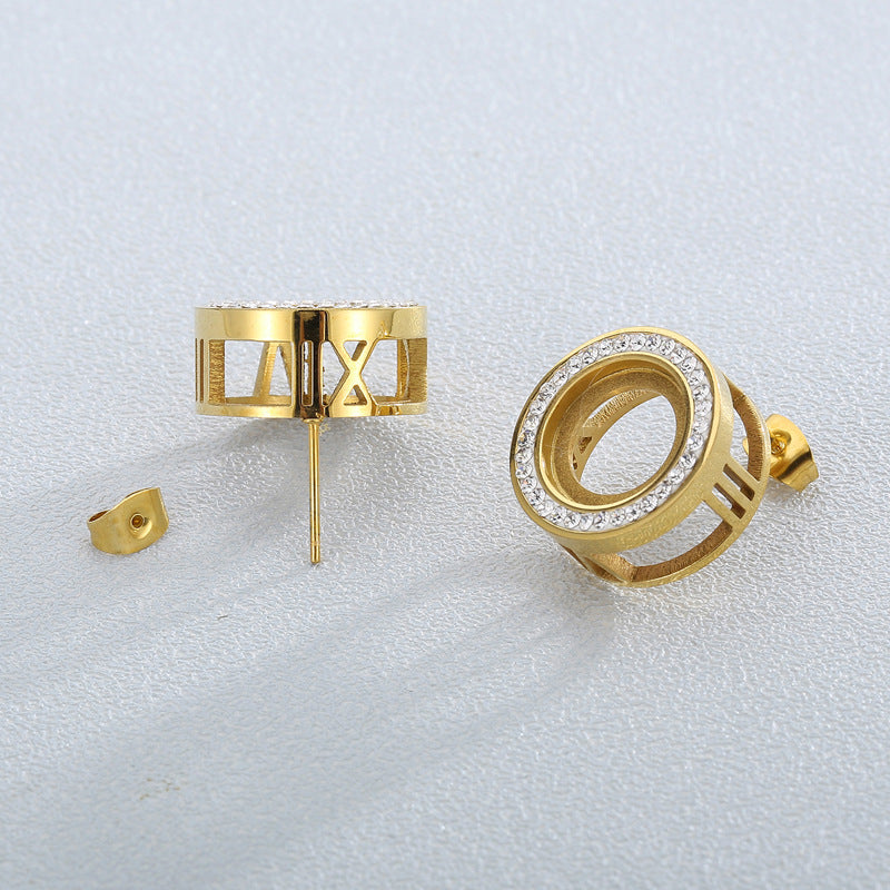 "Stainless Steel Rhinestone Stud Earrings with Gold-Plated Zircon Roman Numeral Design"