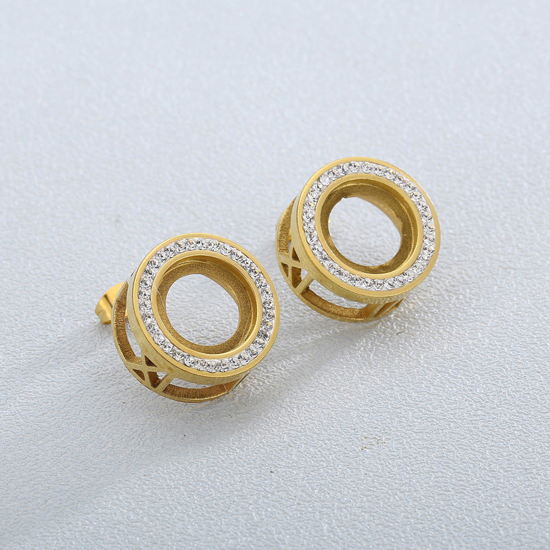 "Stainless Steel Rhinestone Stud Earrings with Gold-Plated Zircon Roman Numeral Design"