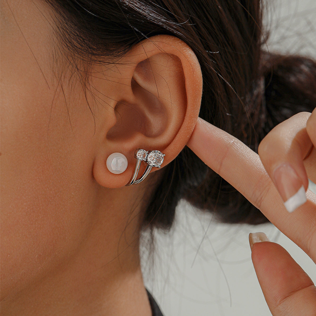 1 Pair Minimalist Copper Stud Earrings with Rhinestone Moonstone Accents