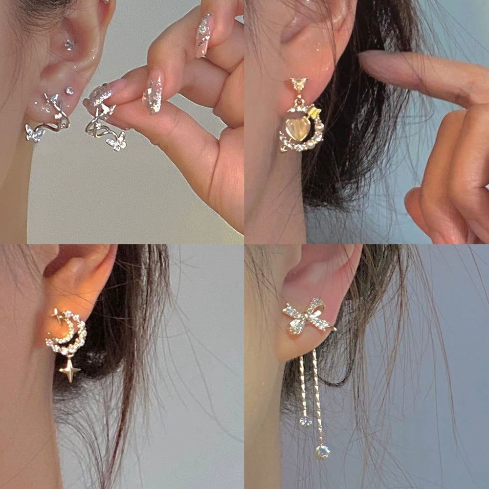 1 Pair Elegant Zircon Inlay Alloy Ear Studs with Bow Tassel Design