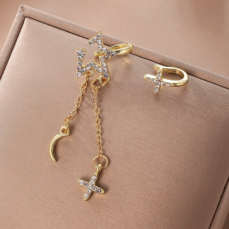 1 Pair Minimalist Star and Moon Asymmetrical Rhinestone Ear Cuffs for Women