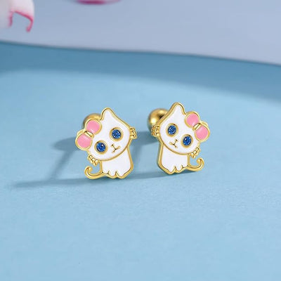 Sweet Cat Enamel Zinc Alloy Minimalist Spiral Back Earrings for Girls