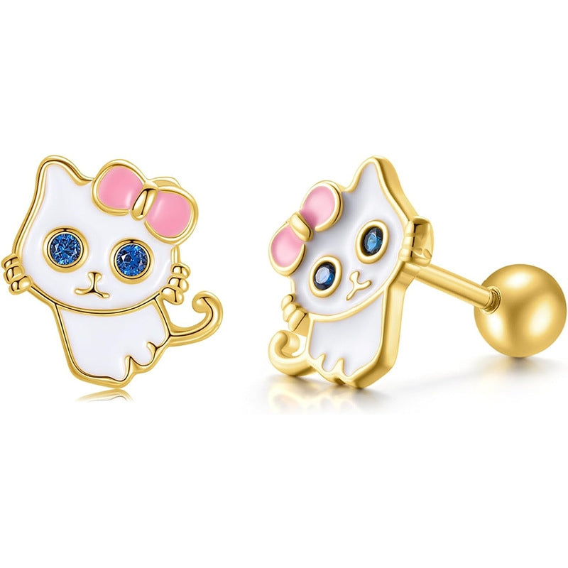 Sweet Cat Enamel Zinc Alloy Minimalist Spiral Back Earrings for Girls