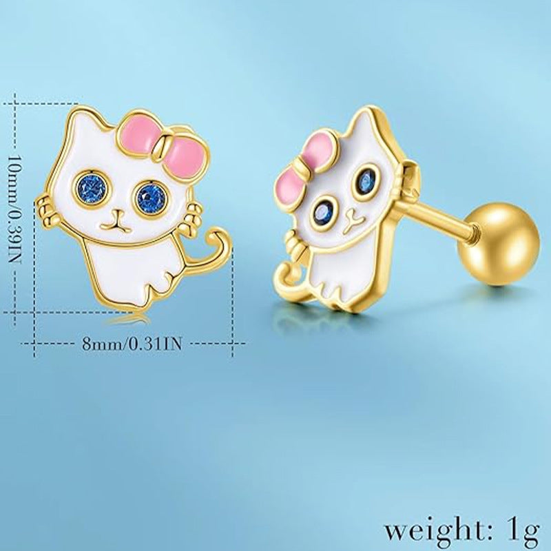 Sweet Cat Enamel Zinc Alloy Minimalist Spiral Back Earrings for Girls