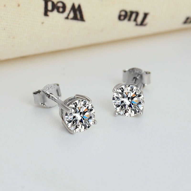 1 Pair Sterling Silver Moissanite Triangle Round Inlay Ear Studs