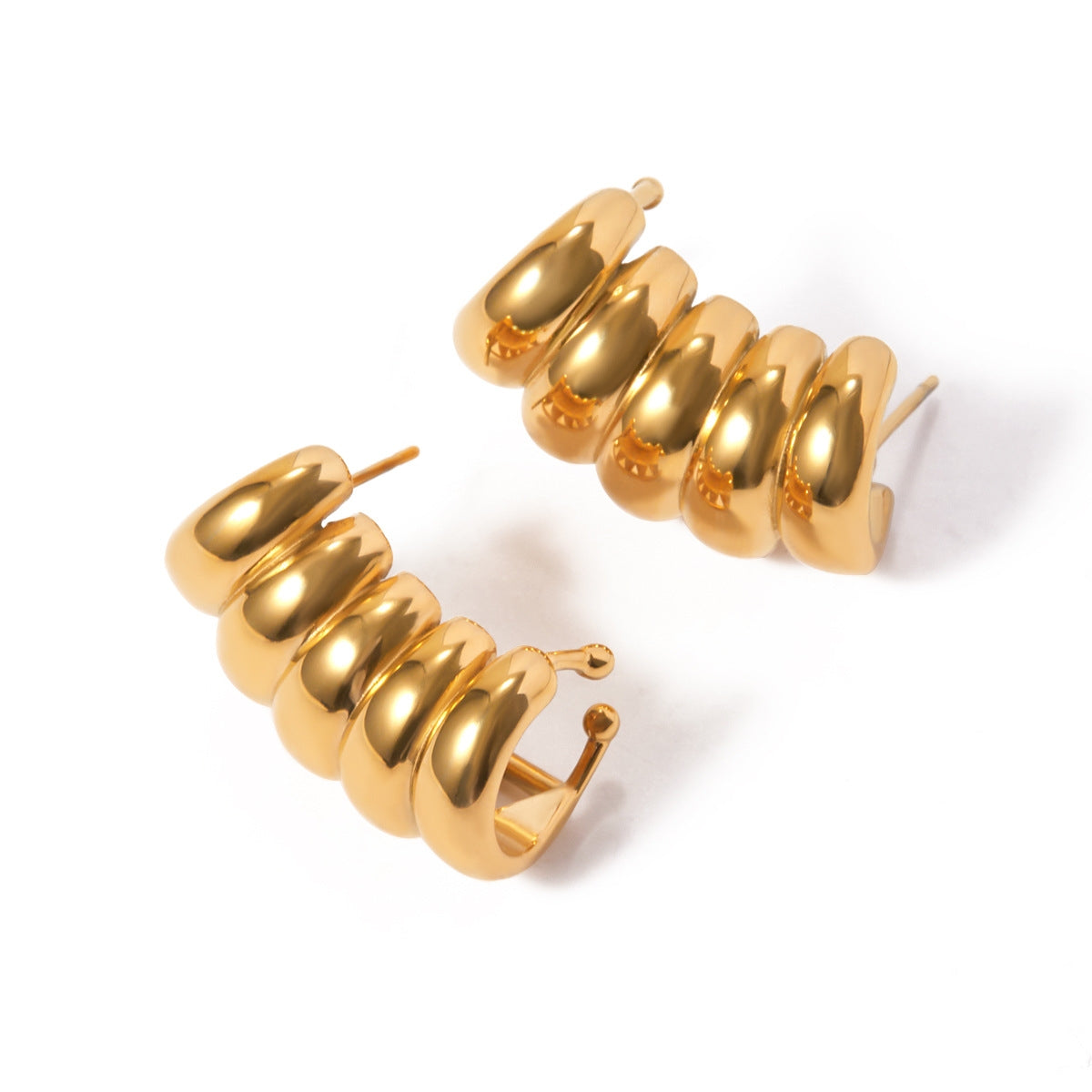 1 Pair Tropical U Shape 201 Stainless Steel Ear Studs with 18k Gold Plated Multi-Layer Hoop Design