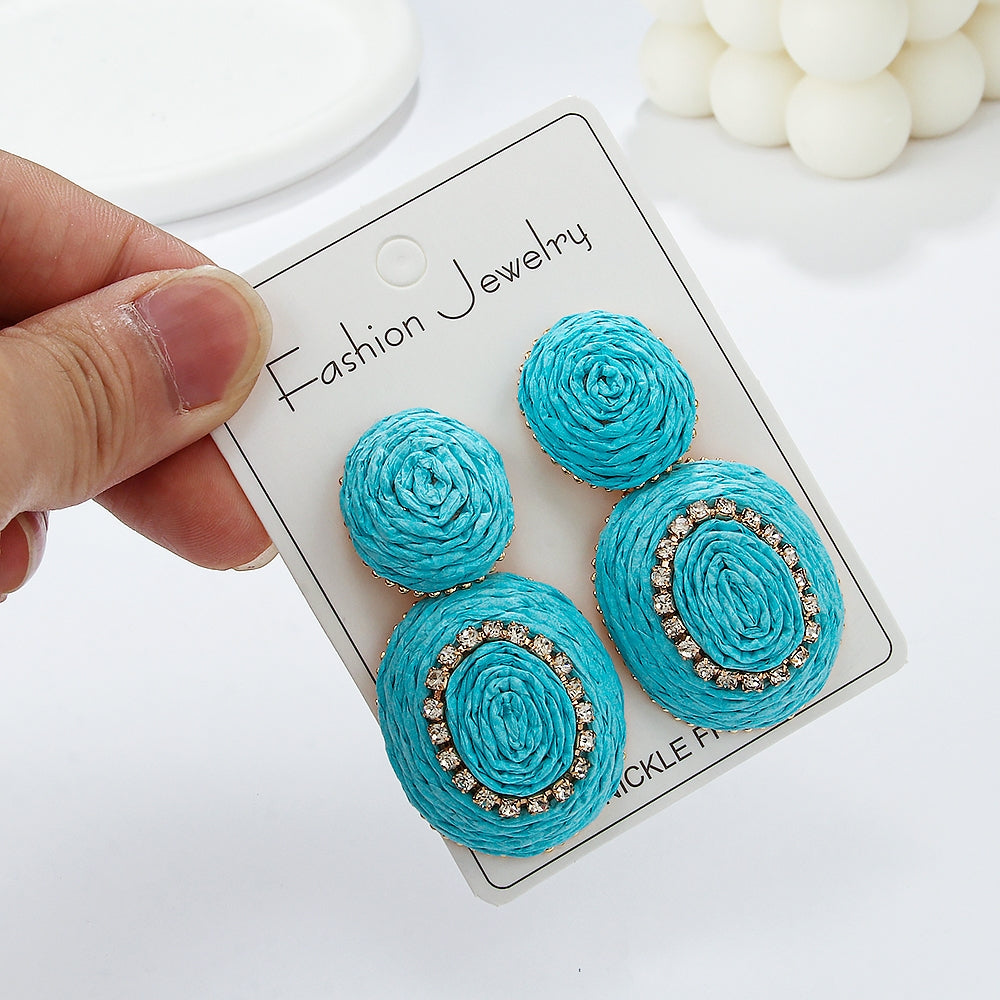 1 Pair Handmade Raffia Color Block Drop Earrings for Vacation