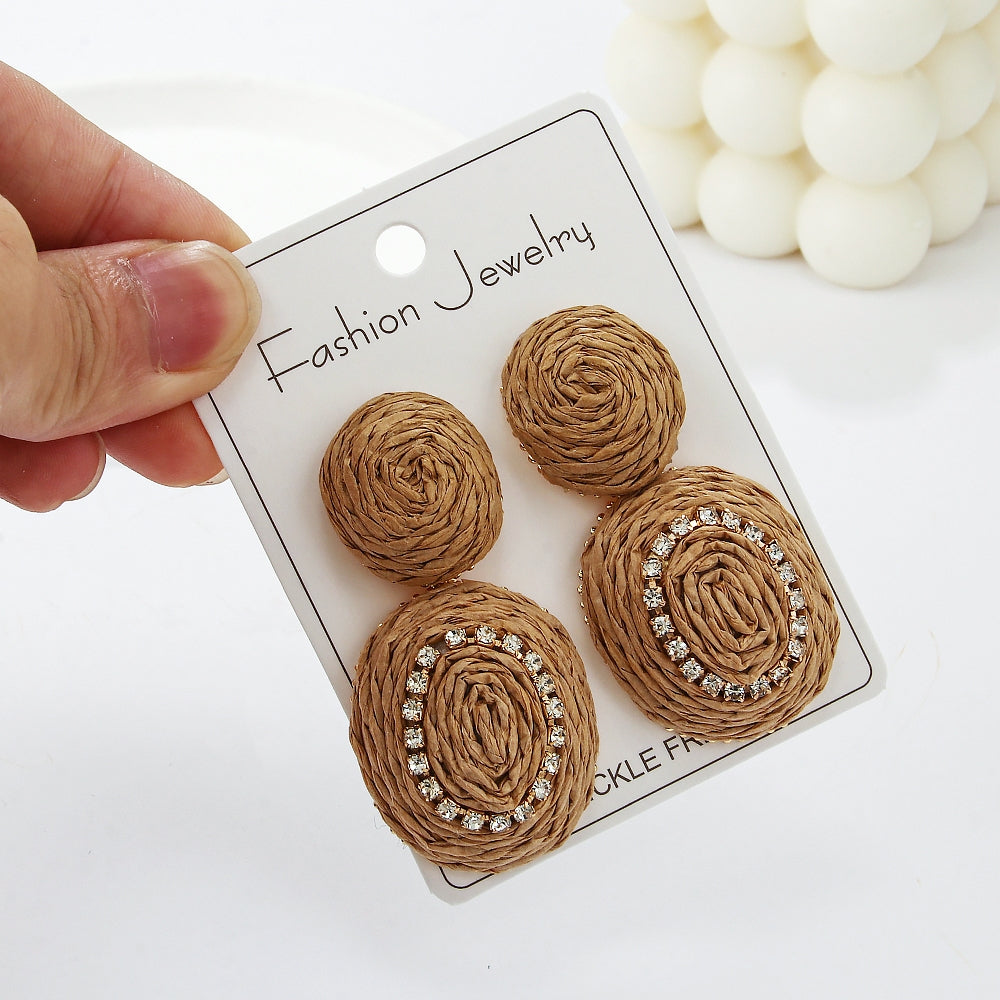 1 Pair Handmade Raffia Color Block Drop Earrings for Vacation