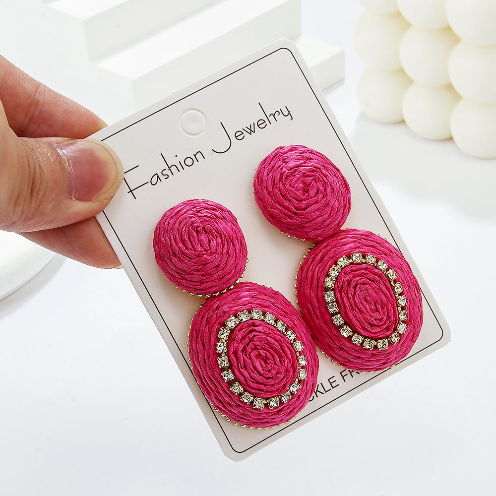 1 Pair Handmade Raffia Color Block Drop Earrings for Vacation