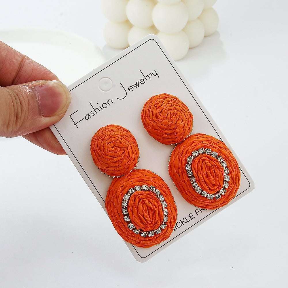 1 Pair Handmade Raffia Color Block Drop Earrings for Vacation