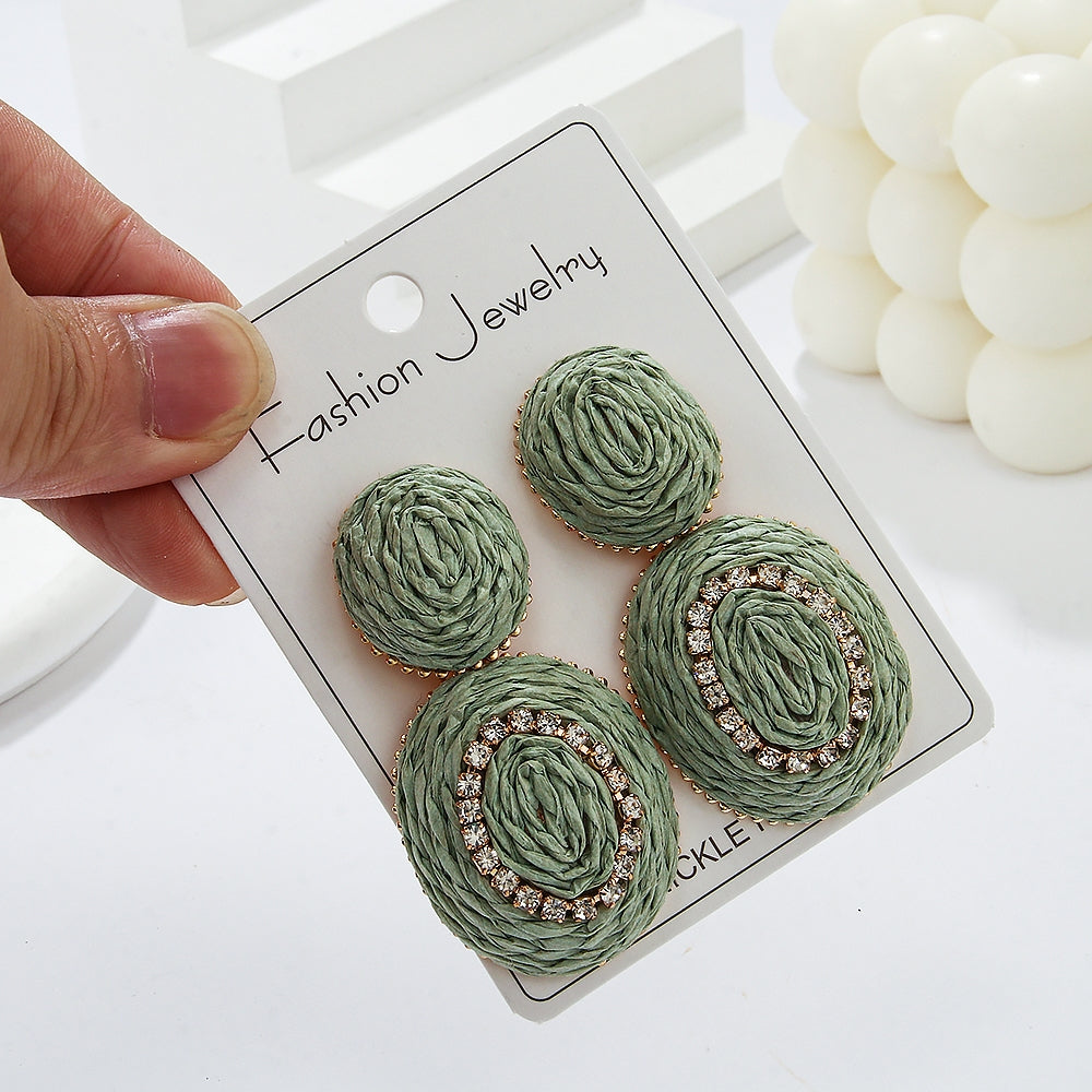 1 Pair Handmade Raffia Color Block Drop Earrings for Vacation