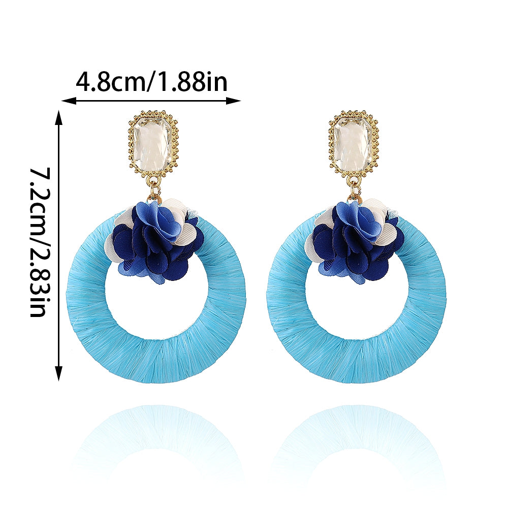 1 Pair Tropical Round Flower Raffia Rhinestone Drop Earrings