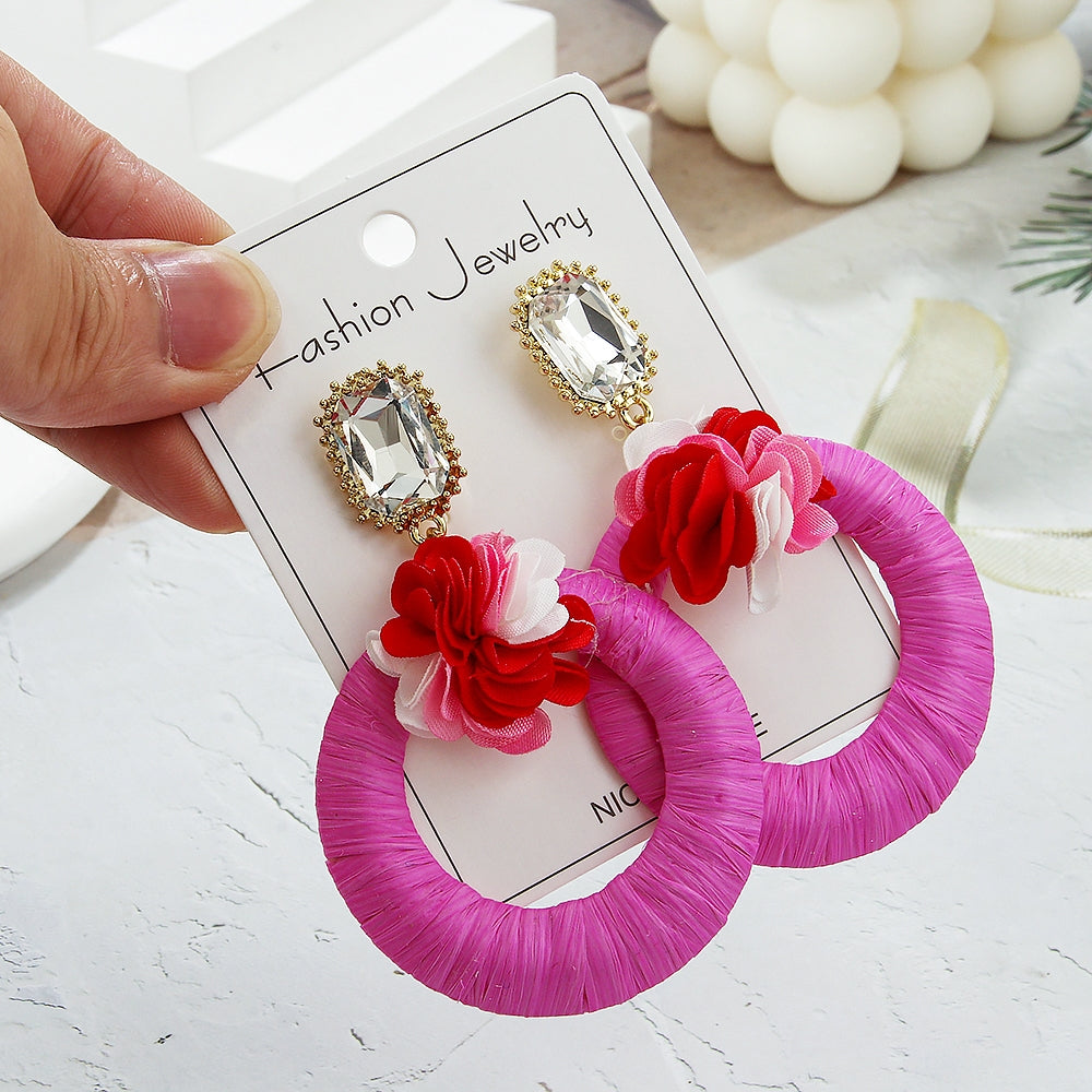 1 Pair Tropical Round Flower Raffia Rhinestone Drop Earrings