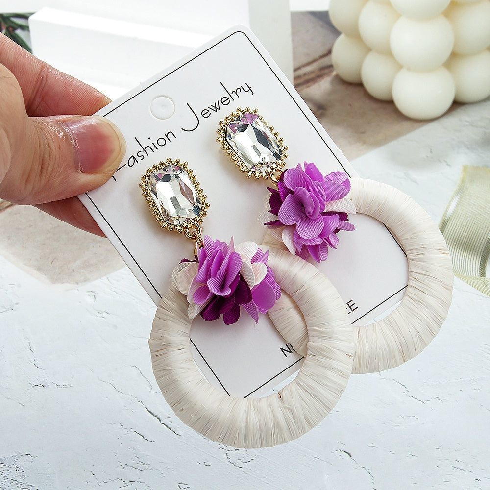 1 Pair Tropical Round Flower Raffia Rhinestone Drop Earrings