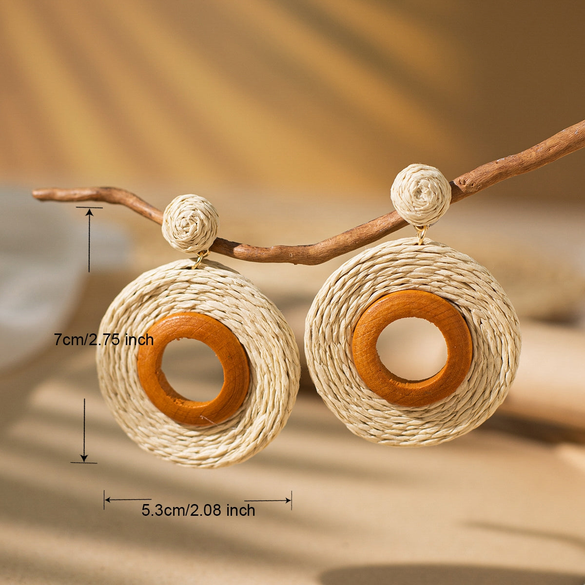 Bohemian Rattan Circle Braid Straw Drop Earrings for Vacation