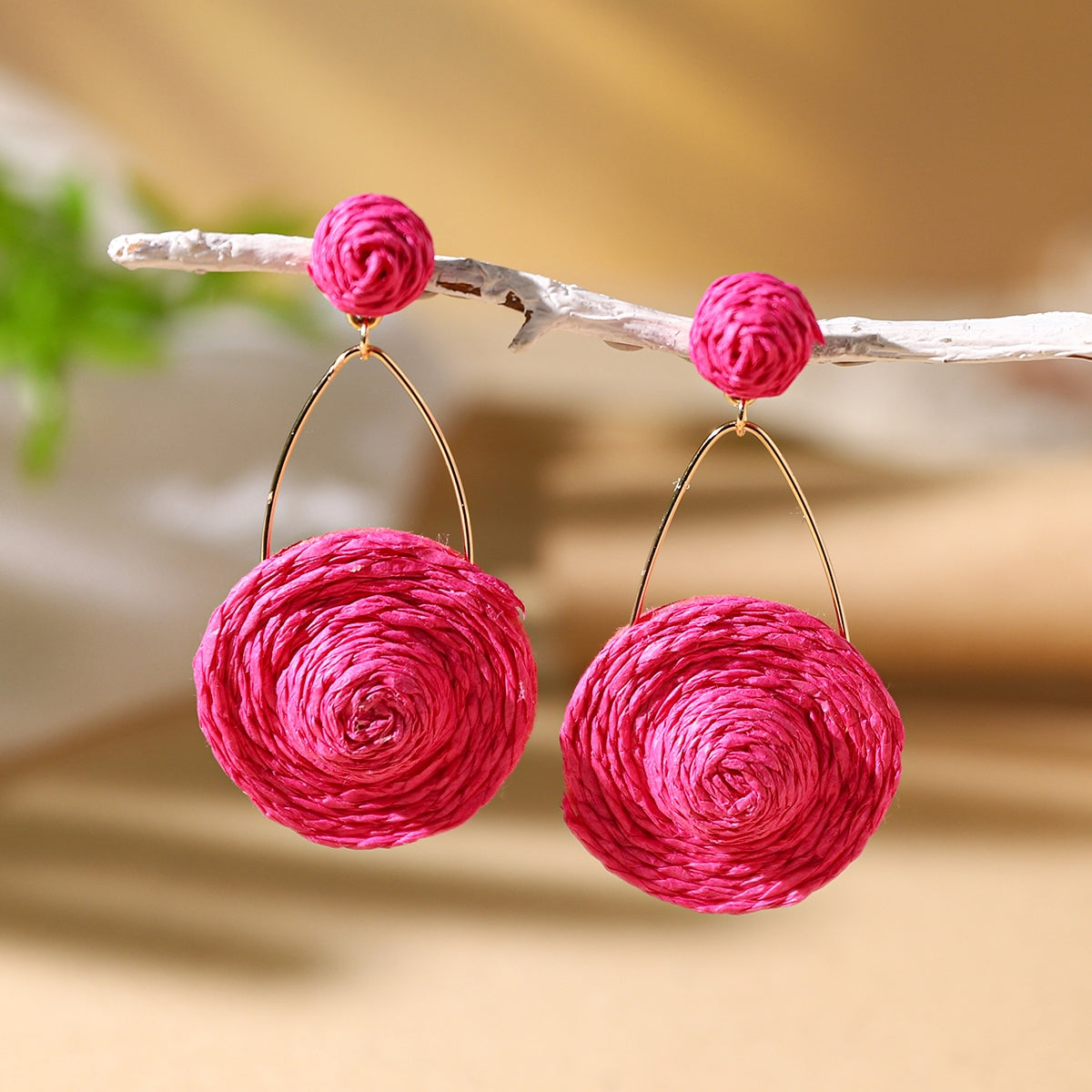 Bohemian Rattan Straw Braided Round Drop Earrings