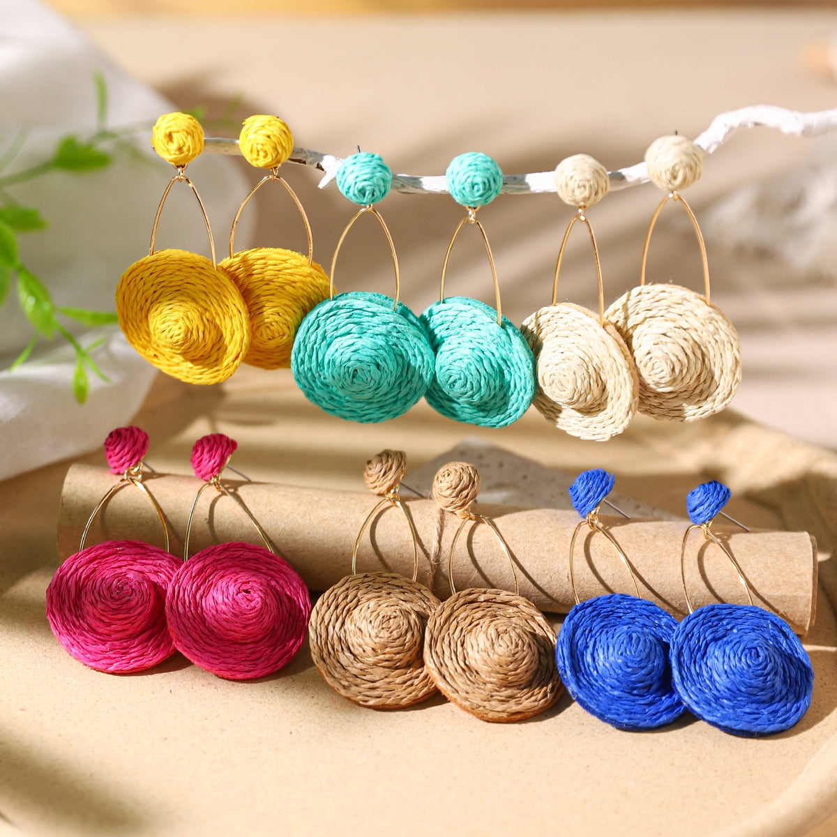 Bohemian Rattan Straw Braided Round Drop Earrings