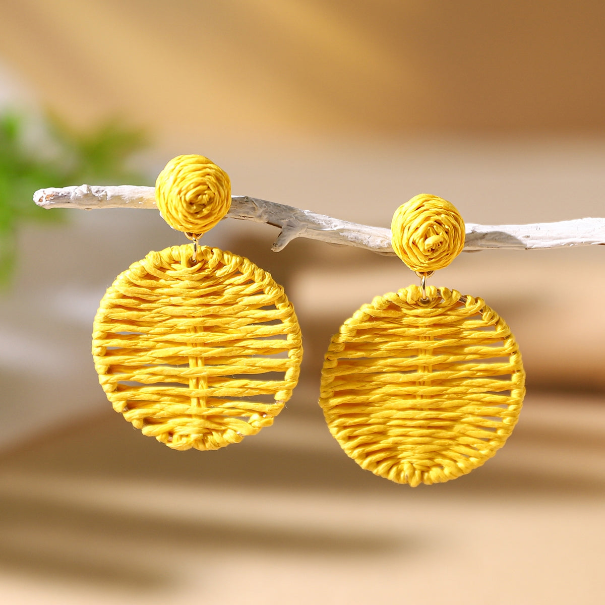 Bohemian Colorful Woven Round Rattan Straw Drop Earrings for Women