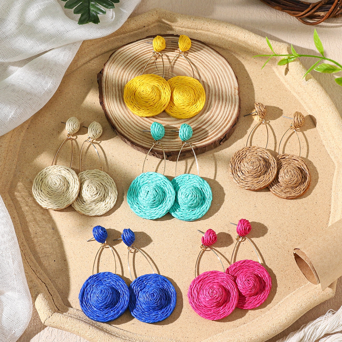 Bohemian Rattan Straw Braided Round Drop Earrings